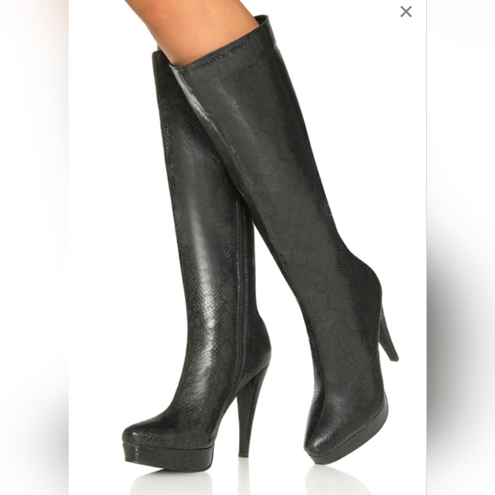New! JustFab Python Black heel boots, just below the knee
